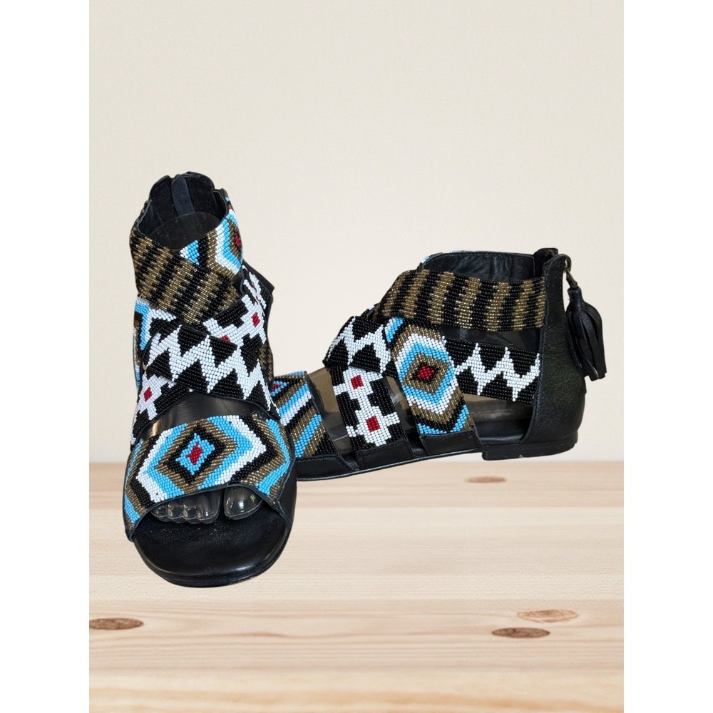 Laidback London Beaded Gladiator Sandals Sz 39 EU/ Sz 9 US Black Tribal Western